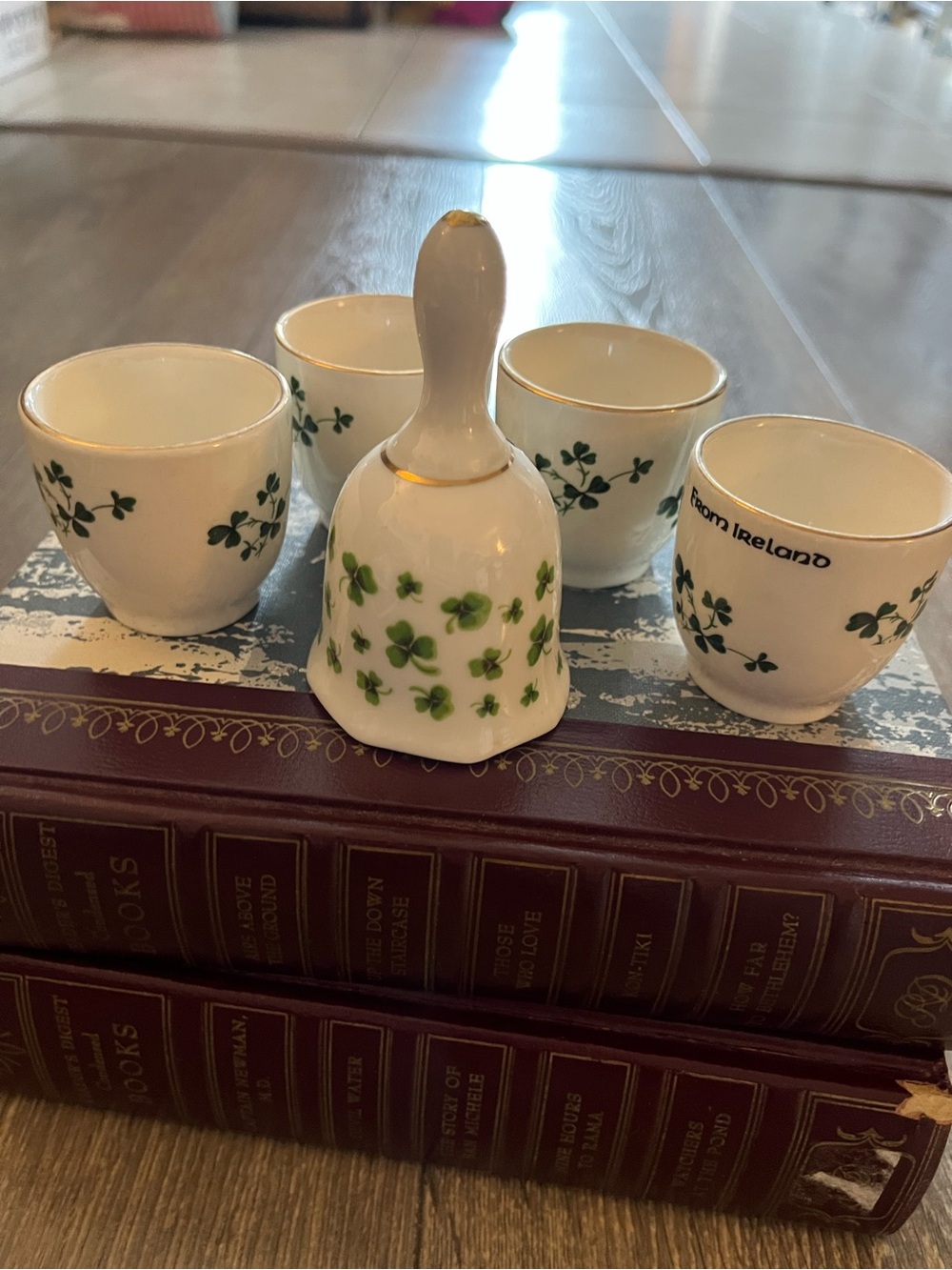 Vintage Carrigaline Pottery Co. Ceramic Egg Cups and Bell Set